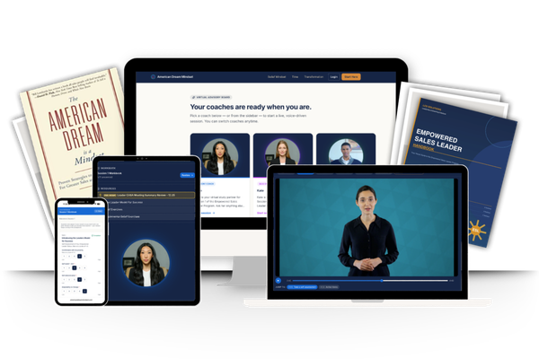 American Dream Mindset online program shown on desktop, tablet, and mobile with the printed book and handbook.